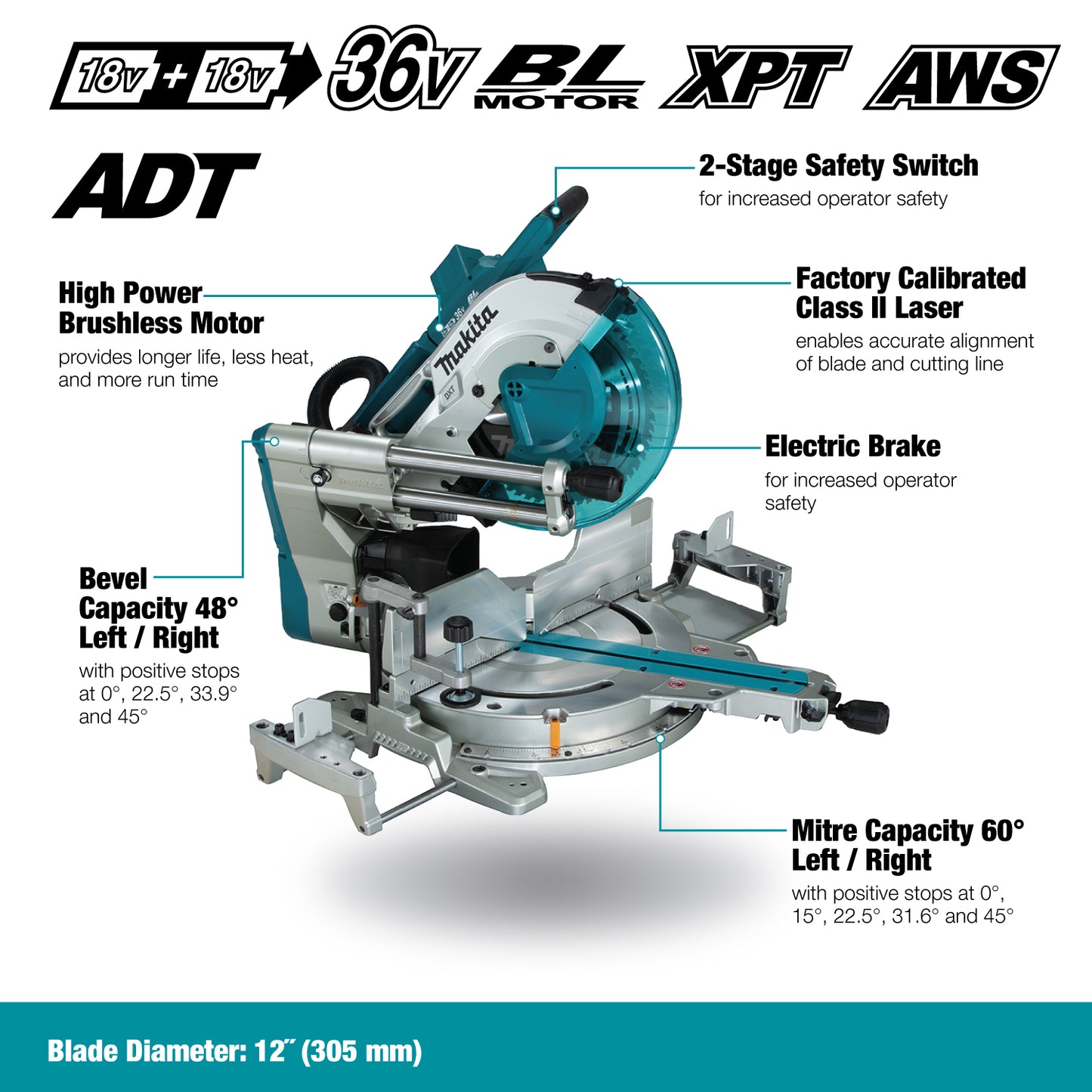 Makita DLS211Z, 12" Cordless Sliding Compound Miter Saw with Brushless Motor, Laser & AWS