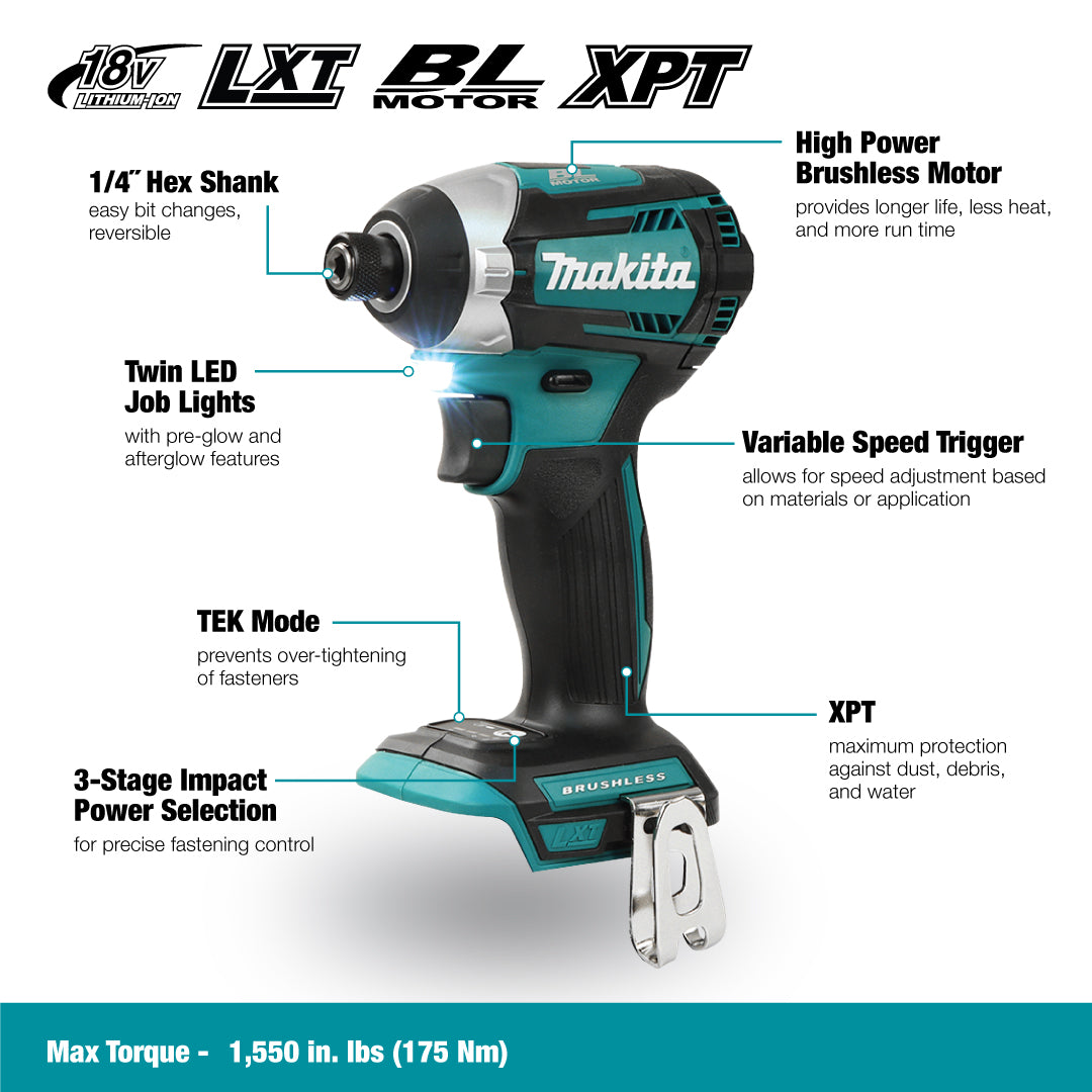 Makita DTD154Z, 18V LXT Brushless 1/4" Impact Driver (Tool Only)