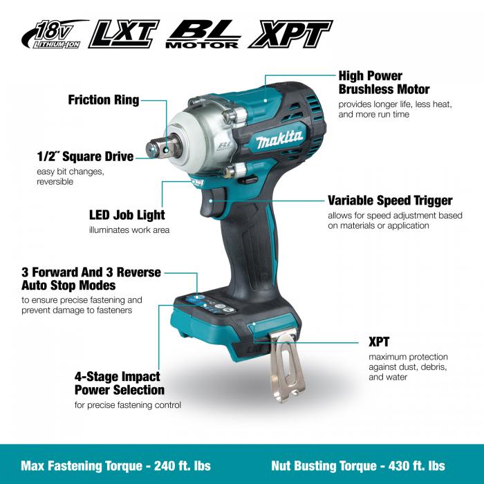 Makita DTW300XVZ, 18V Li-Ion Brushless 1/2" Impact Wrench (Friction Ring) (Tool Only)