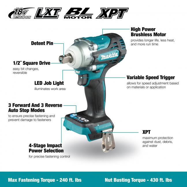 Makita DTW301XVZ, 18V Li-Ion Brushless 1/2" Impact Wrench (Detent Pin) (Tool Only)