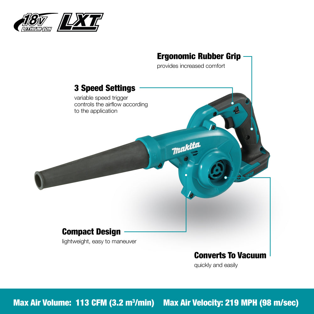 Makita DUB185Z, 18V LXT Brushless Cordless 3-Speed Vacuum/Blower (Tool Only)