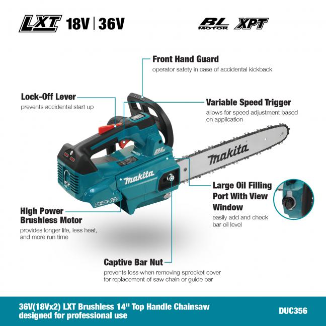 Makita DUC356PT2, 18V x2 LXT Brushless 14" Top Handle Chainsaw Kit (5.0 Ah)