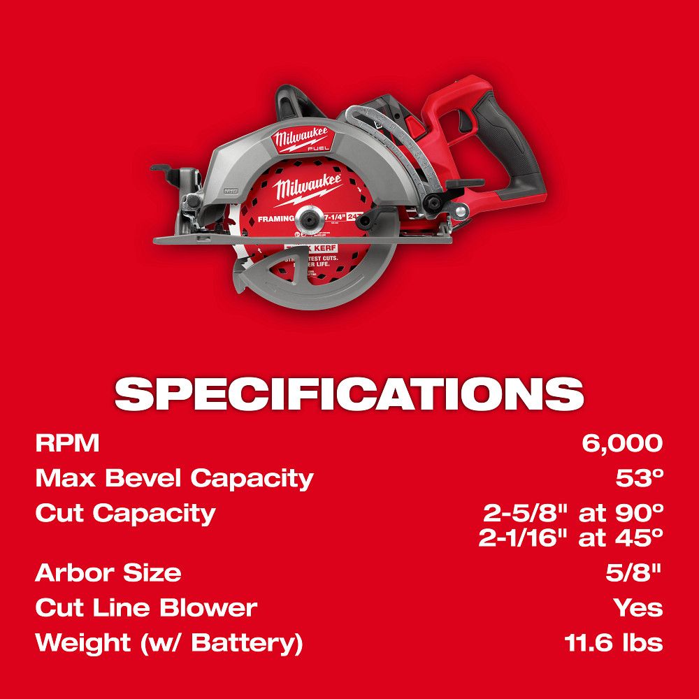 Milwaukee 2930-21HD, M18 FUEL 7-1/4” Rear Handle Circular Saw Kit