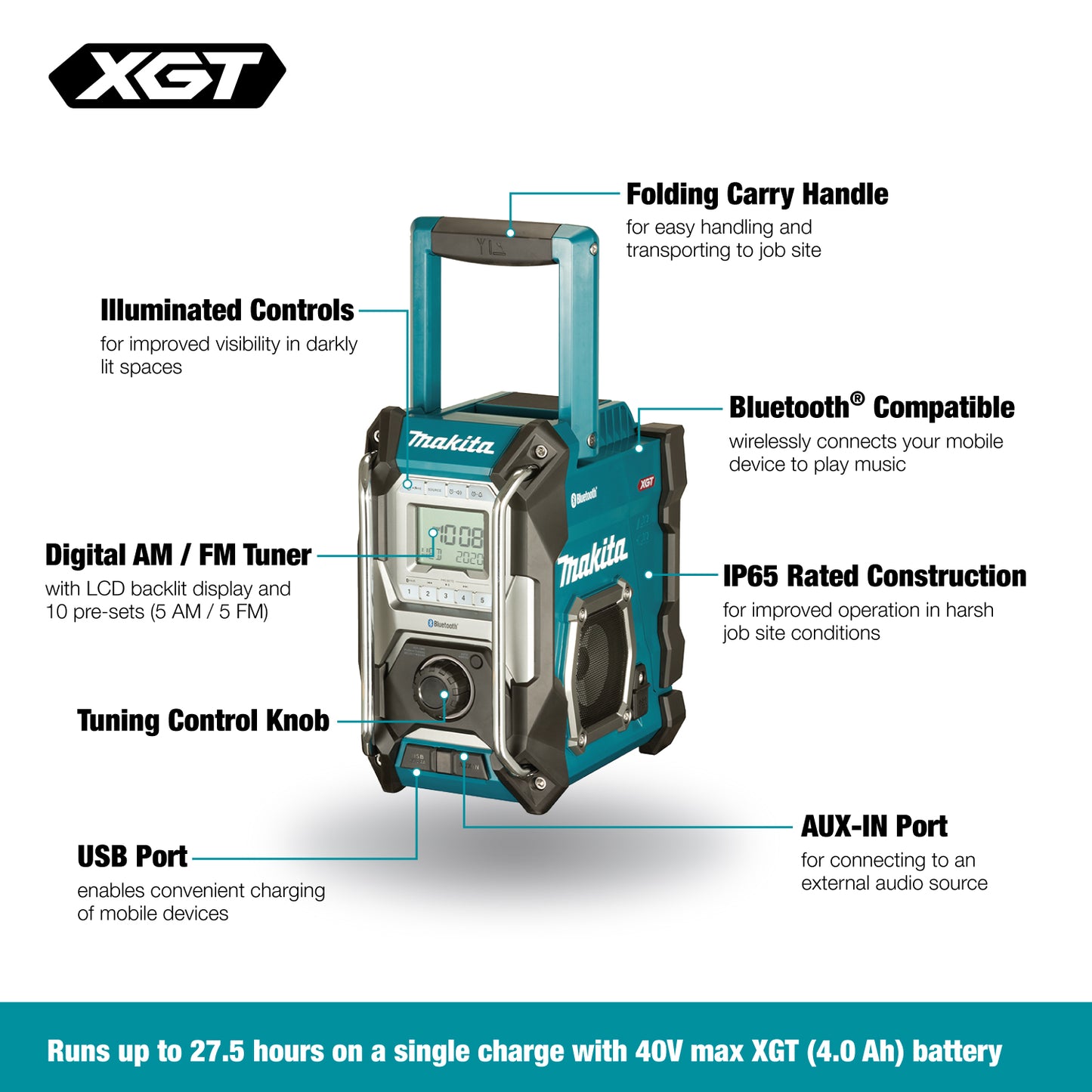 Makita MR002G, 12V - 40V MAX Li-Ion Bluetooth Jobsite Radio (Tool Only)