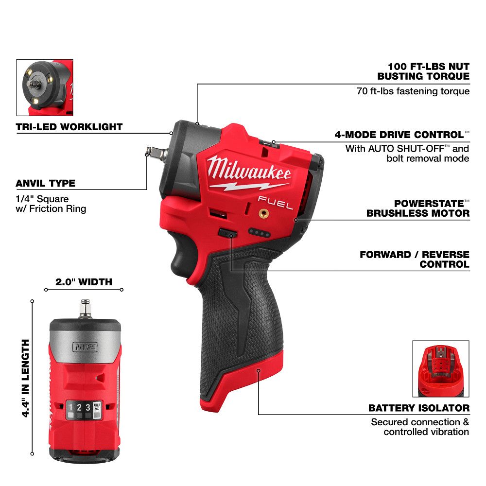 Milwaukee 3048-20, M12 FUEL™ 1/4" Subcompact Impact Wrench w/ Friction Ring
