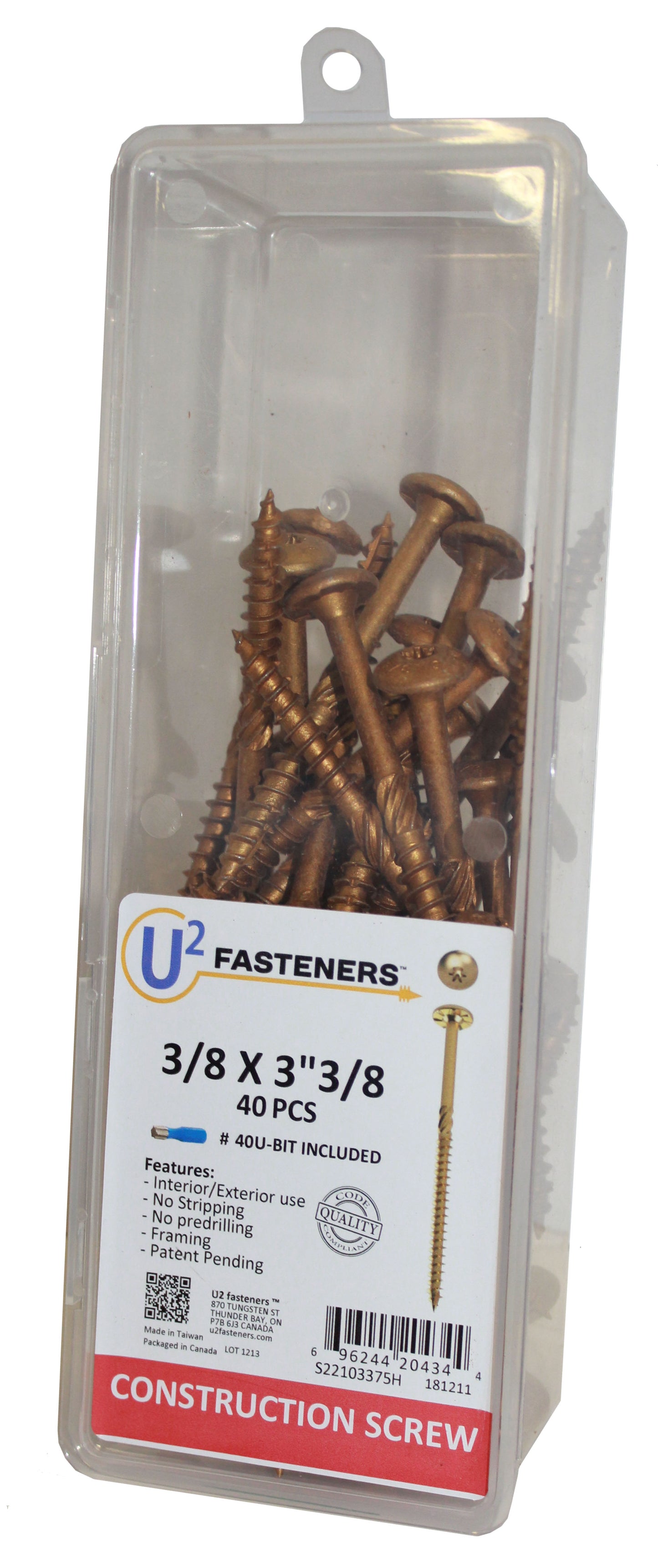 U2 Fasteners S22103375H, Construction Screw 3/8 X 3-3/8" (40/pkg)
