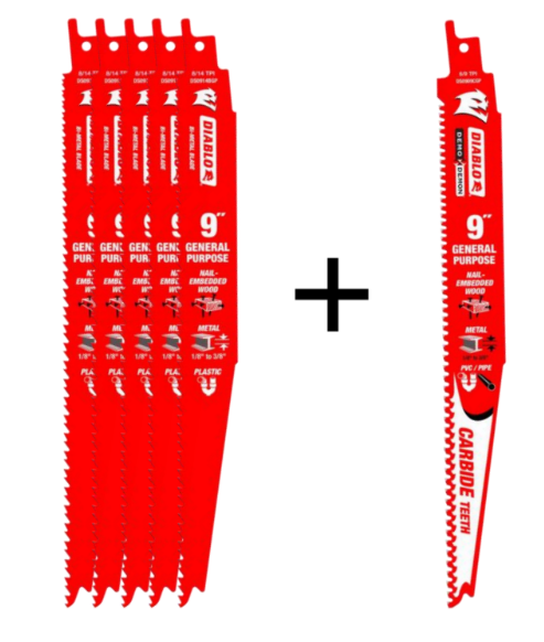 Diablo DS0914BGP5PC, 5+1 9” 8/14TPI Bi-Metal General Purpose Reciprocating Saw Blades for Nail Embedded Wood and Metal Cutting