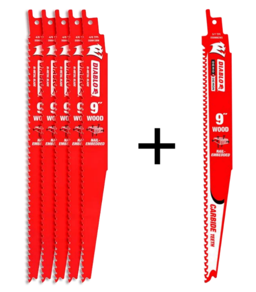 Diablo DS0912BW5PC, 5+1 9” 4/6TPI Bi-Metal Reciprocating Saw Blades for Nail Embedded Wood Cutting
