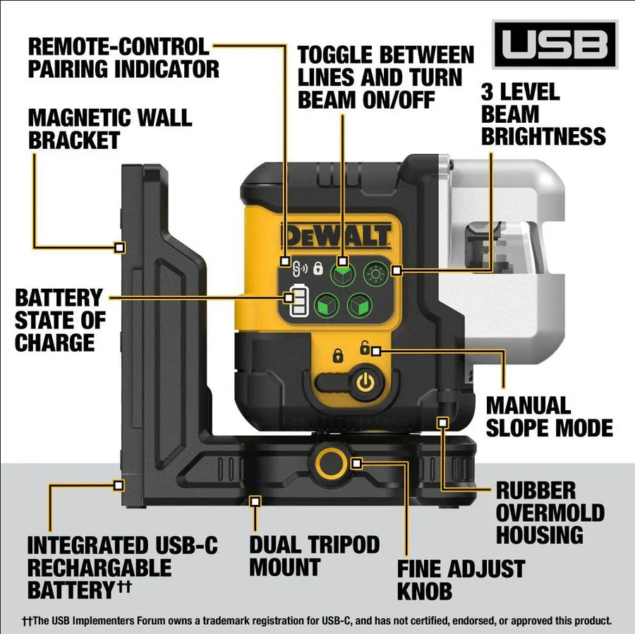 DEWALT DCLE14301GB, USB Rechargeable Green 3X180° Line Laser Base Kit