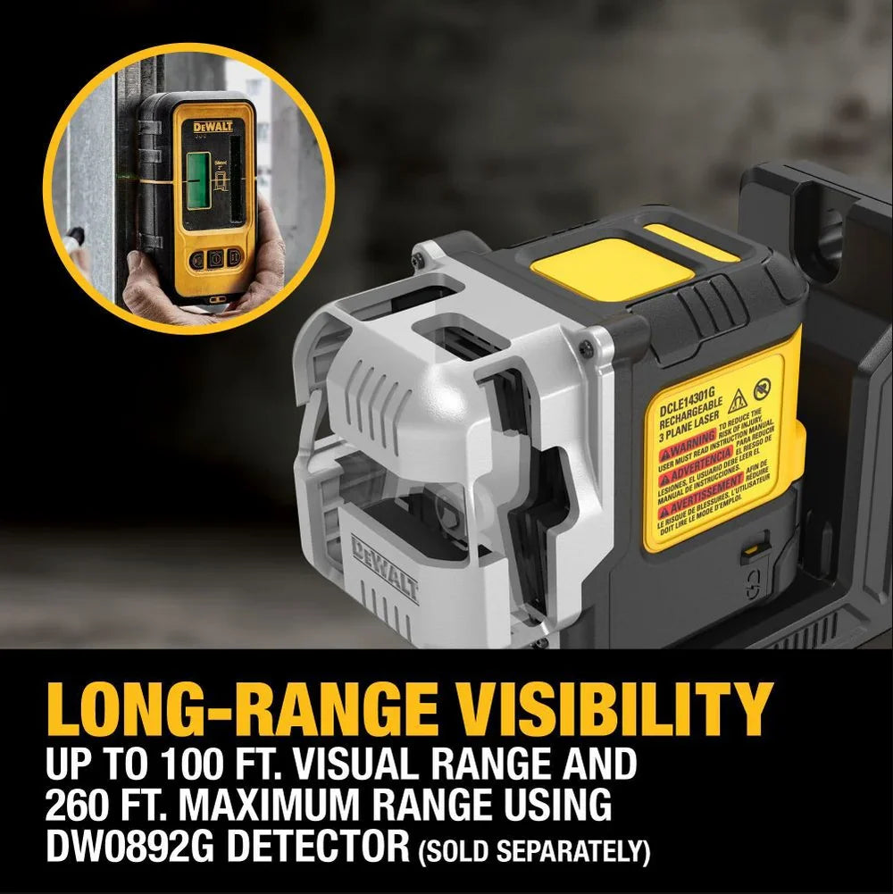 DEWALT DCLE14301GB, USB Rechargeable Green 3X180° Line Laser Base Kit