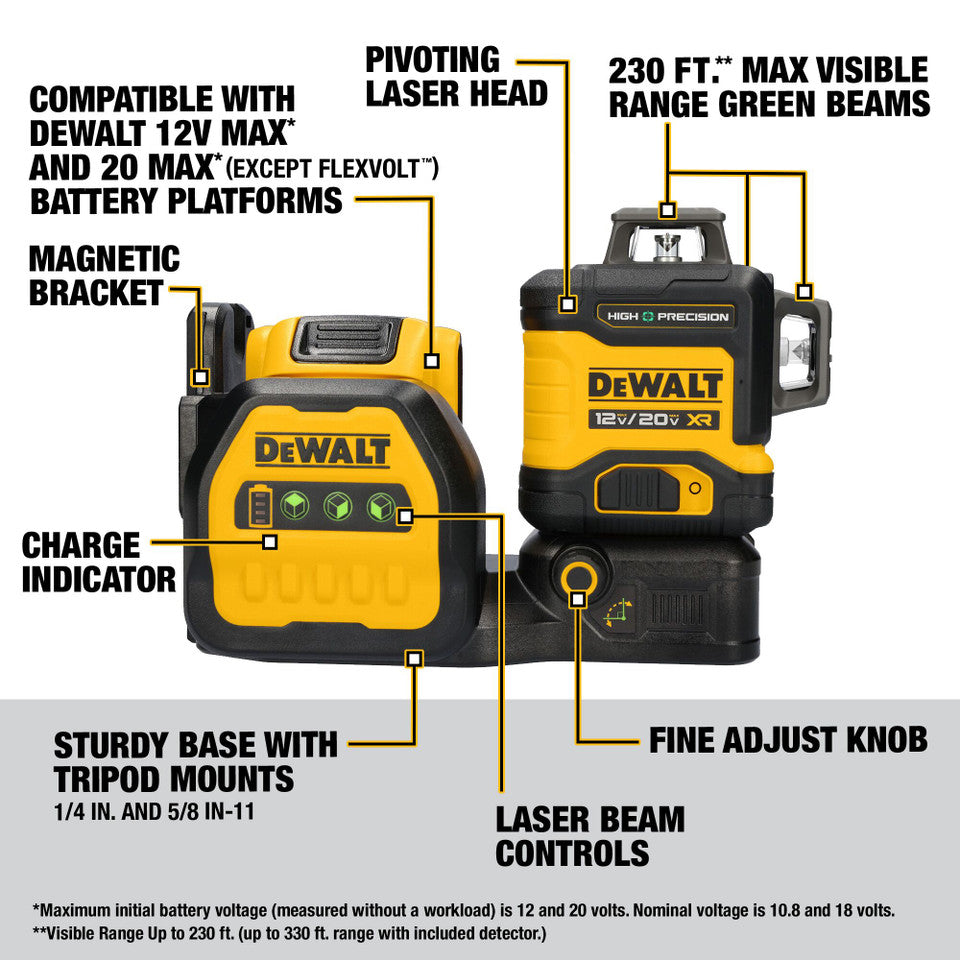 DEWALT DCLE34033D1, 20V Max XR 3 X 360° High Precision Green Laser