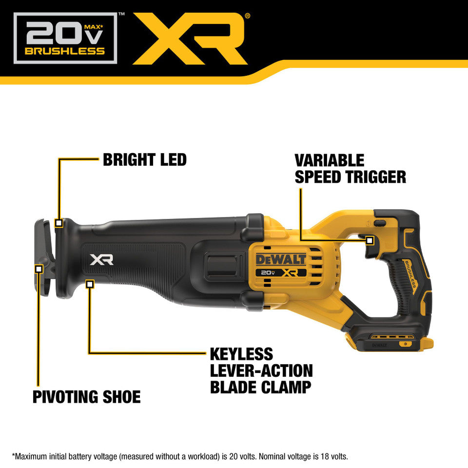 DEWALT DCS384B, 20V MAX* XR® BRUSHLESS CORDLESS RECIPROCATING SAW (TOOL ONLY)