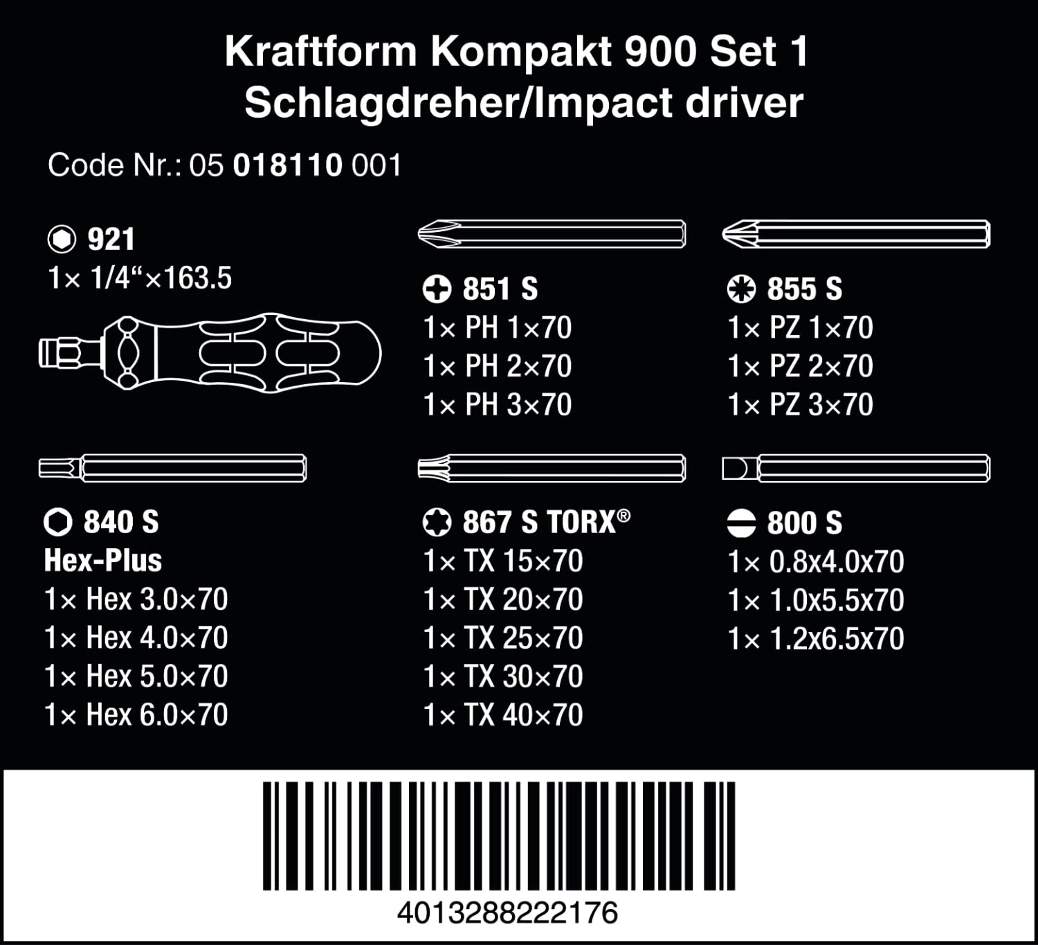 Wera 05018110001, KRAFTFORM KOMPAKT 900 SET 1, 19 PIECES