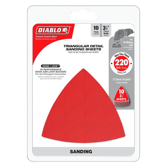 Diablo DCT318220H10G, 3-1/8" 220-Grit (Fine) Oscillating Detail Triangle Sanding Sheets 10 pack