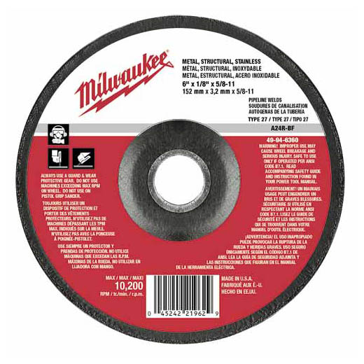 Milwaukee 49-94-6360, 6" x 1/8" x 5/8-11" Grinding Wheel, Type 27 (5/pkg)