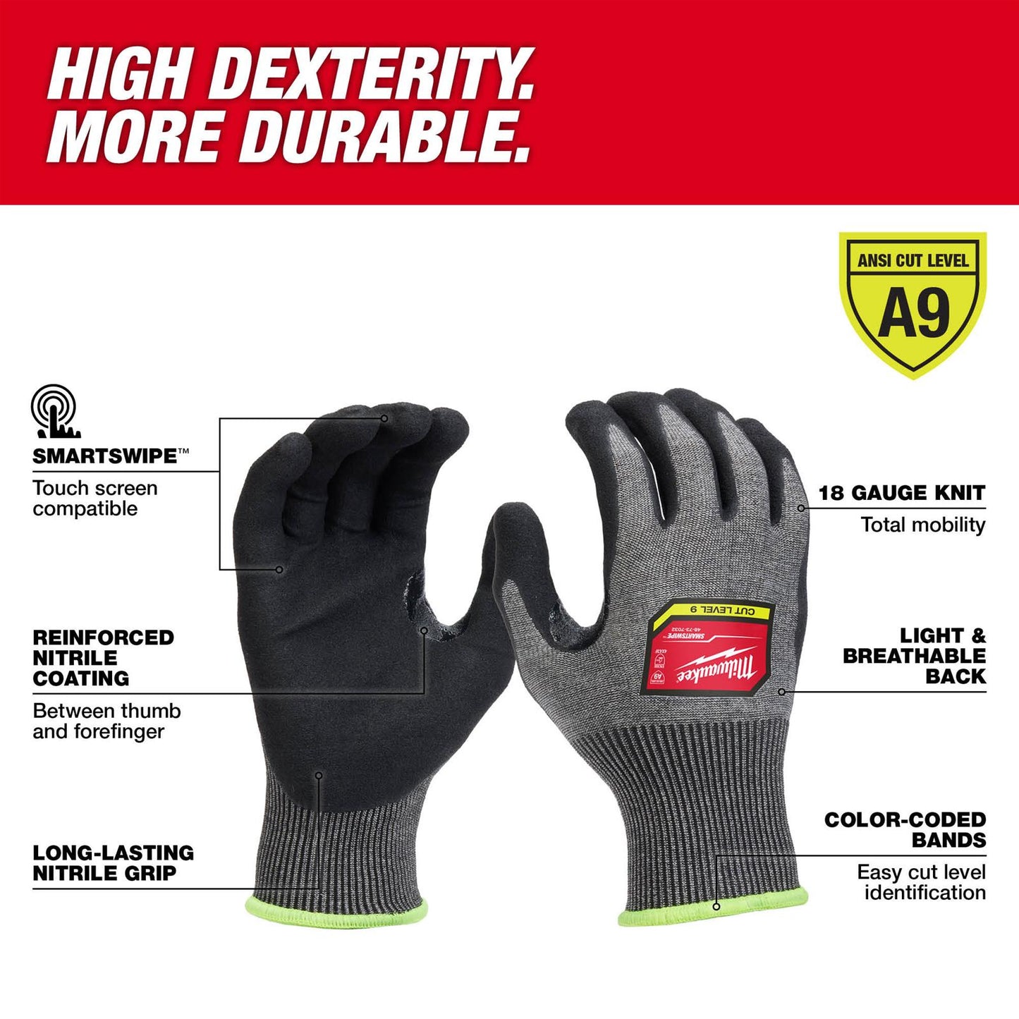 Milwaukee 48-73-7030, Cut Level 9 High-Dexterity Nitrile Dipped Gloves - S