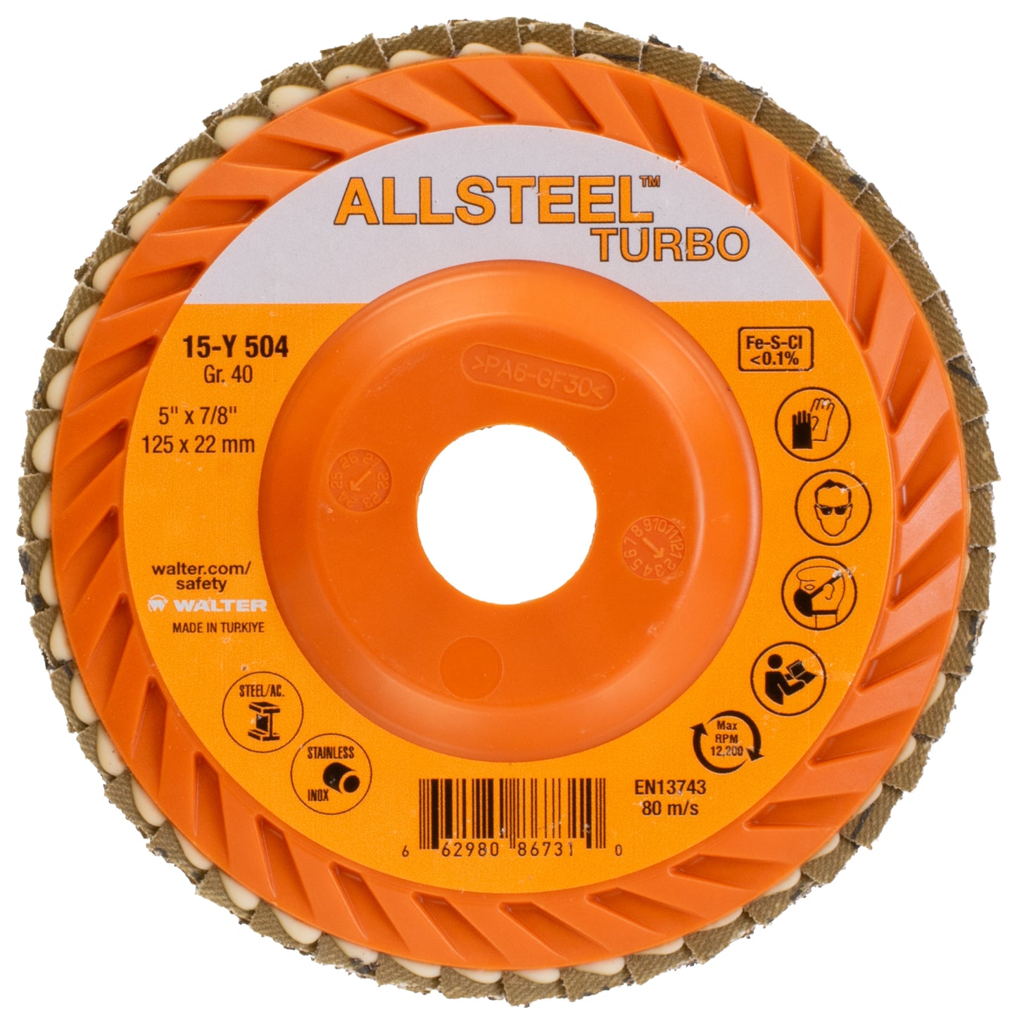 Walter 15Y504, ALLSTEEL™ Turbo Flap Disc, 5" x 7/8", 40 Grit, Zirconia Alumina