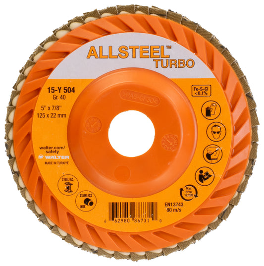 Walter 15Y504, ALLSTEEL™ Turbo Flap Disc, 5" x 7/8", 40 Grit, Zirconia Alumina