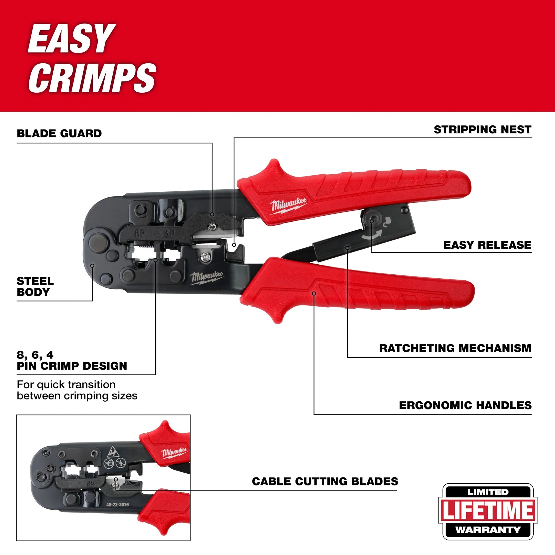 Milwaukee 48-22-3076, Ratcheting Modular Crimper & Stripper