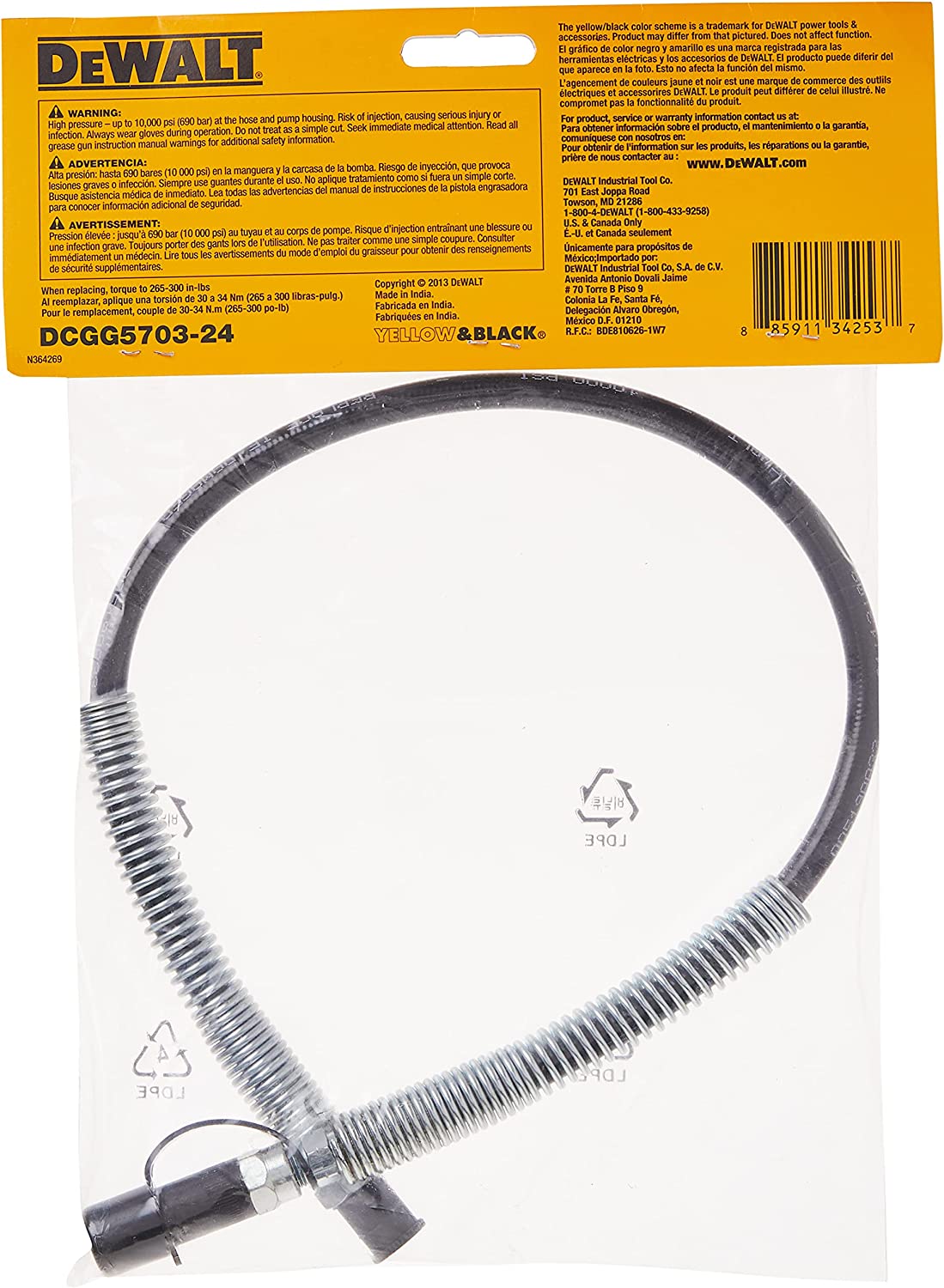 DEWALT DCGG5703-24, 1/8'' NPT Grease Gun Hose Assembly (24'')