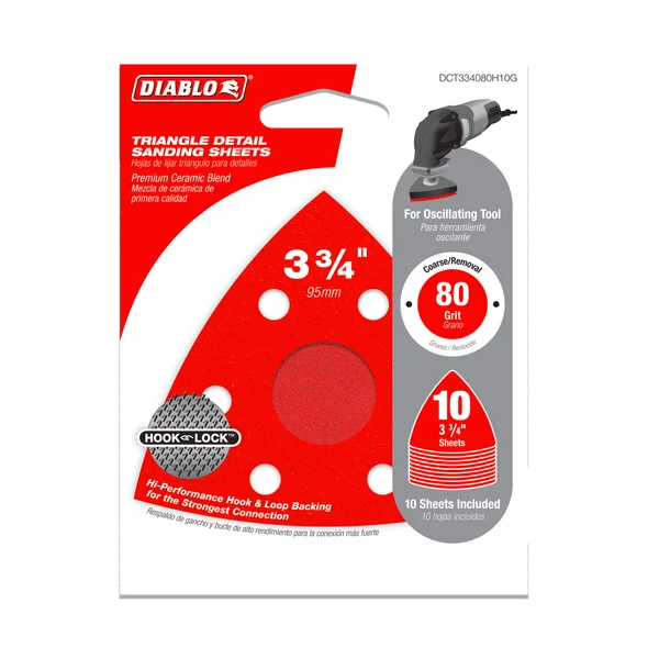 Diablo DCT334080H10G, 3-3/4" 80-Grit Oscillating Triangular Detail Sanding Sheets
