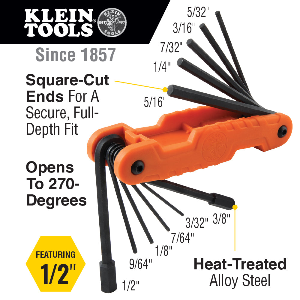 Klein Tools 70550, Pro Folding Hex Key Set, 11-Key, SAE Sizes