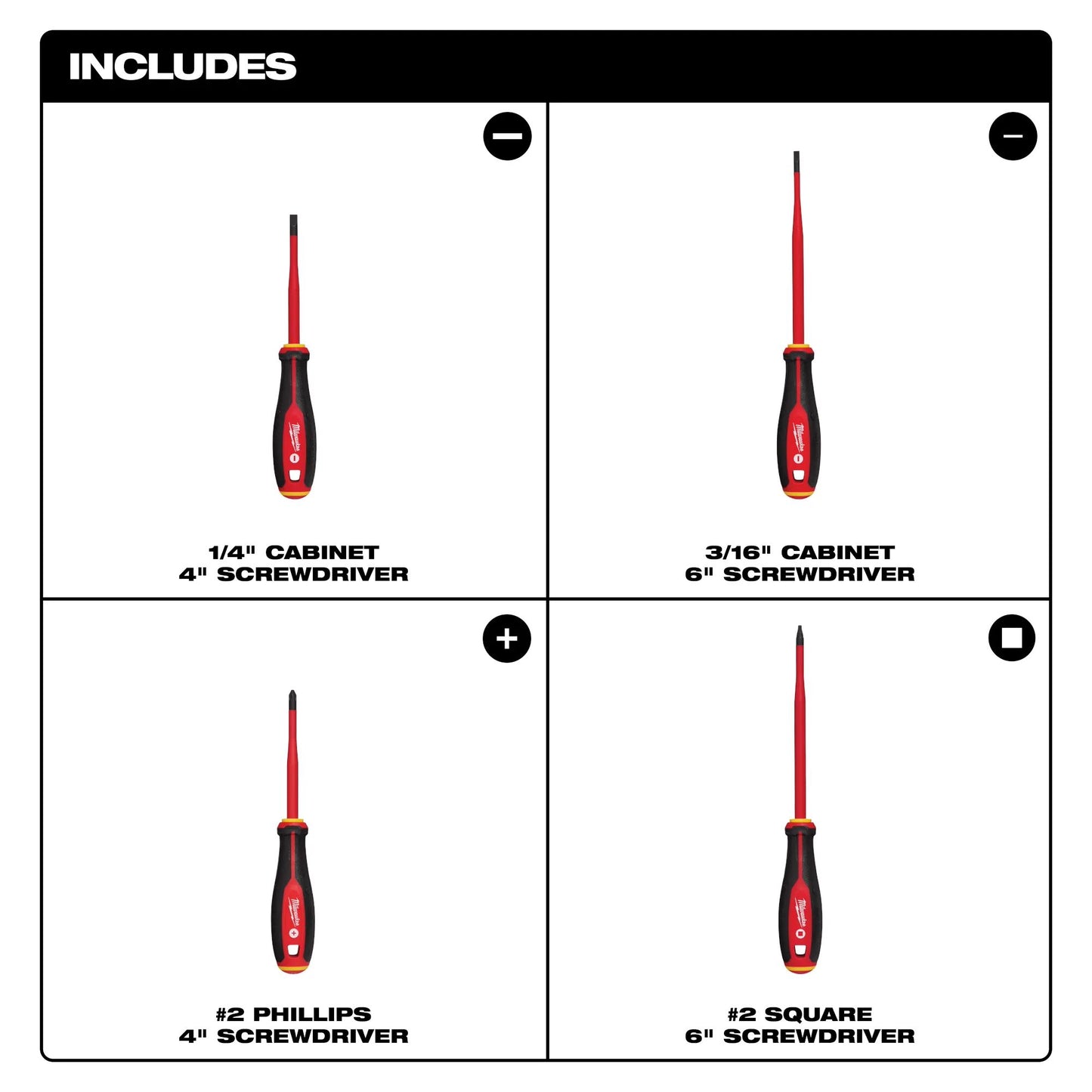 Milwaukee 48-22-2219, 4pc 1000V Insulated Slim Tip Screwdriver Set