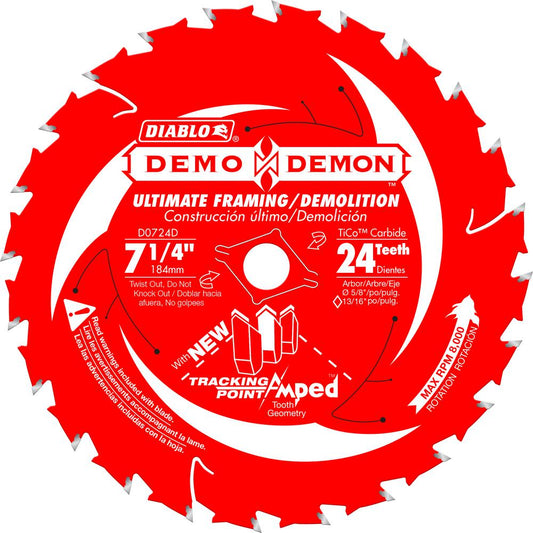 Diablo D0724DR, 7-1/4" x 24 T Framing/Demo Demon Carbide Circular Saw Blade (2/pkg)