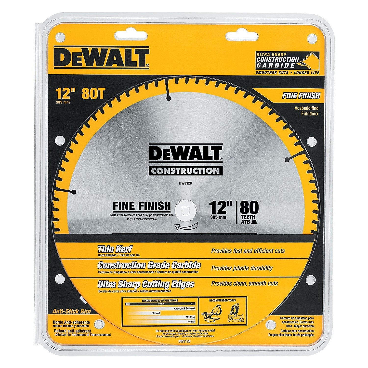 DEWALT DW3128, 12" 80T Fine Finish Saw Blade