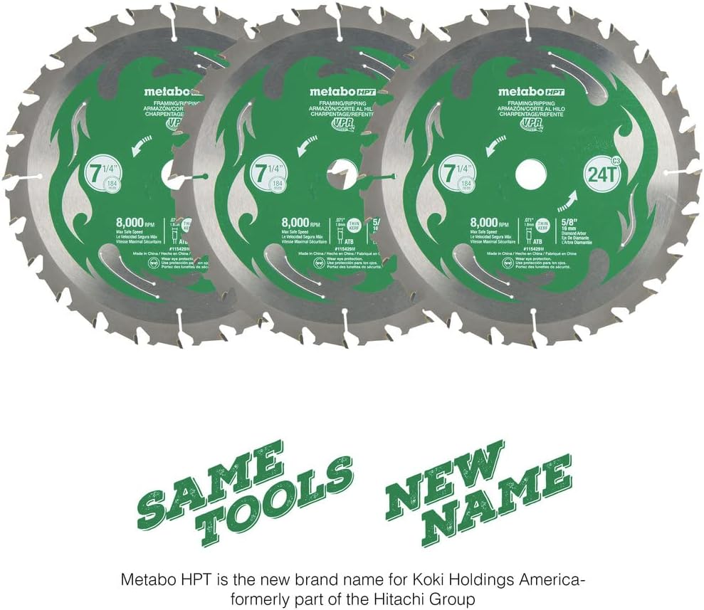 Metabl HPT 115430M, 7-1/4”, 24T Framing/Ripping VPR Blades, High Performance Micro Grain Tungsten Carbide, 5/8" Diamond Arbor, 3-Pack