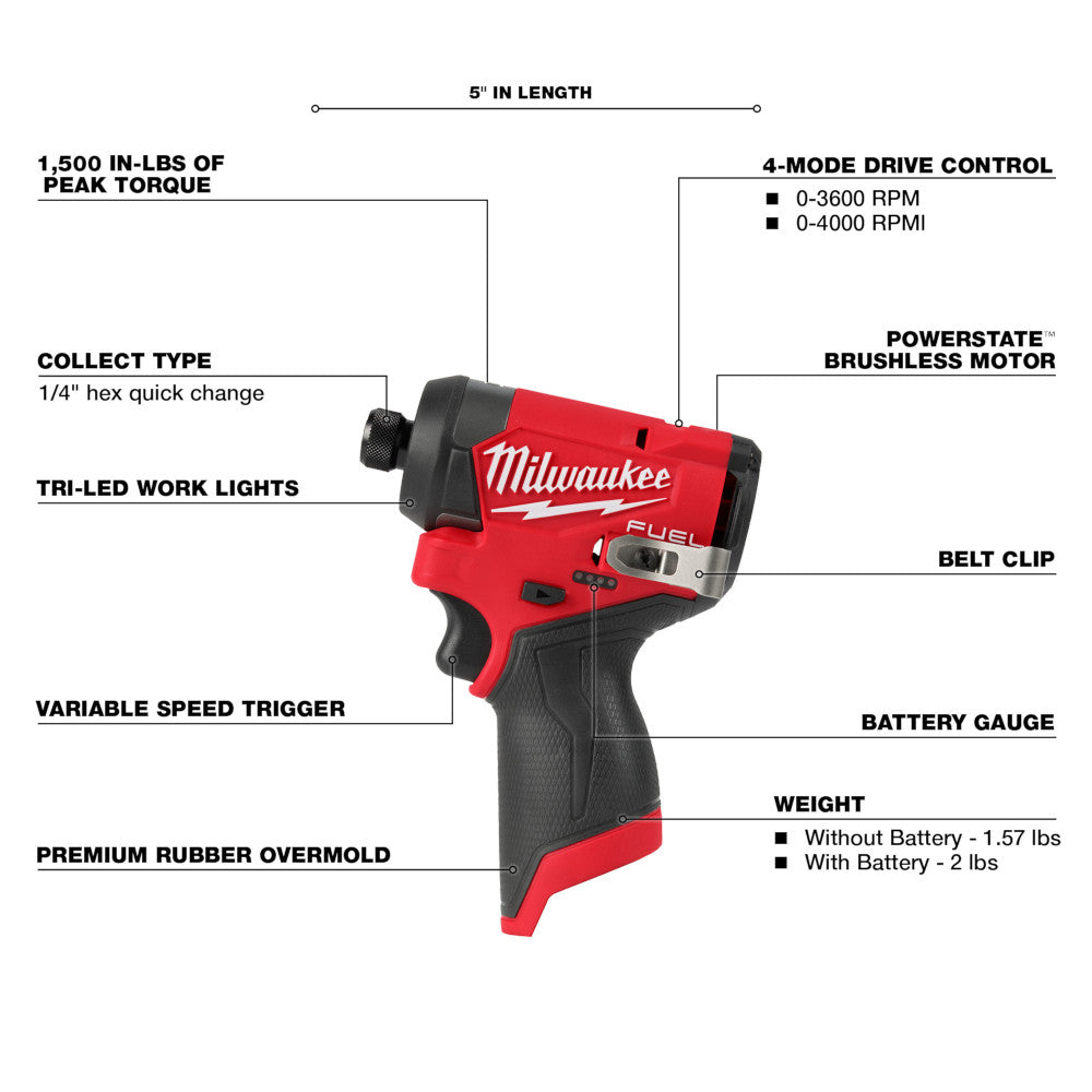 Milwaukee 3453-20, M12 FUEL™ 1/4" Hex Impact Driver (Tool Only)