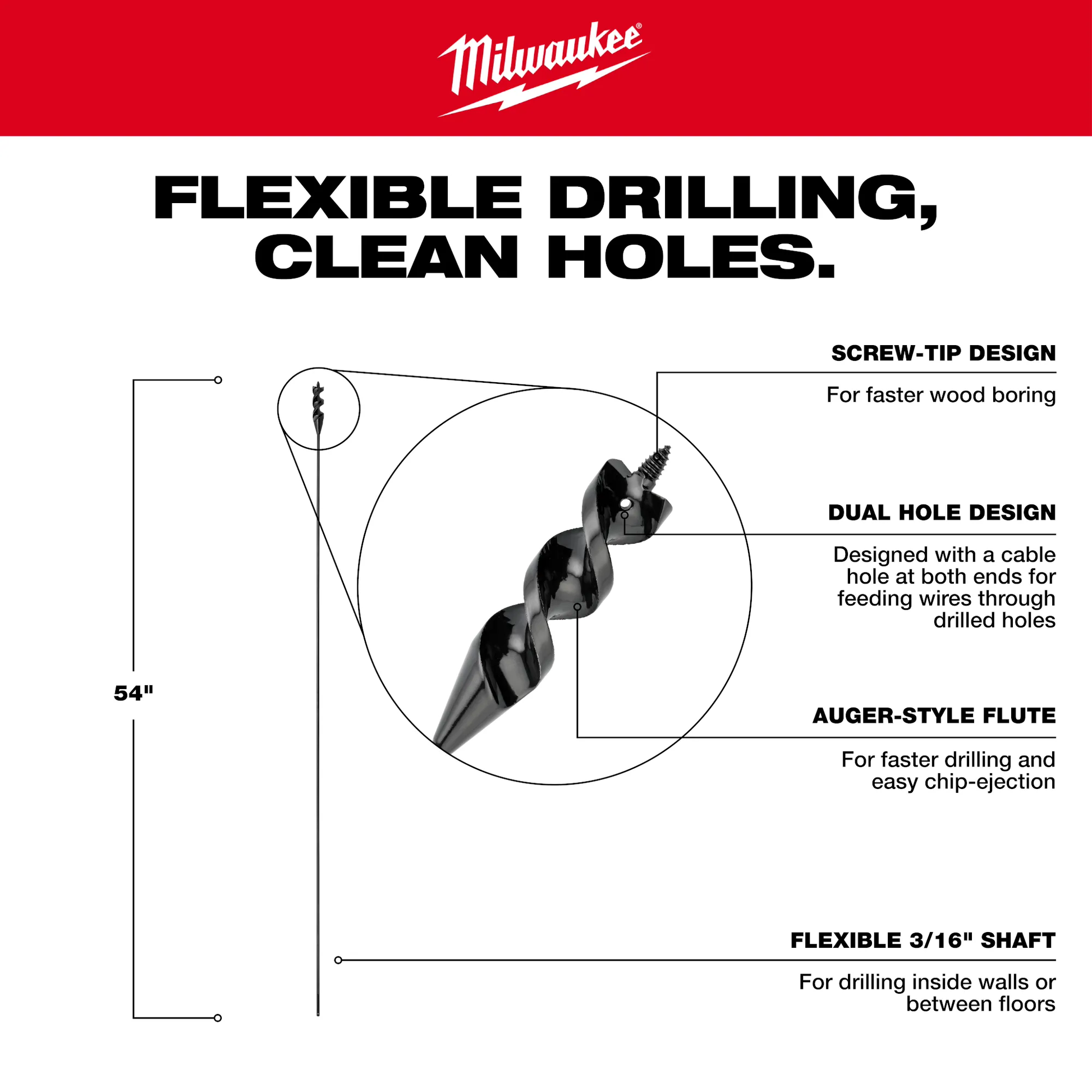 Milwaukee 48-13-8237, 3/8” X 54" Flexible Cable Auger Bit