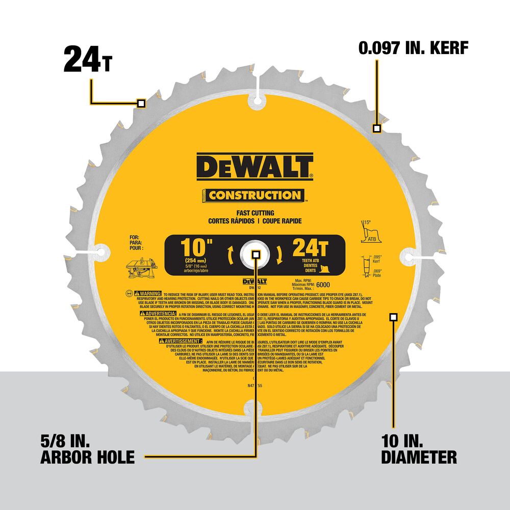 DEWALT DW3112, Series 20 10'' 24T Thin Kerf Construction Saw Blade