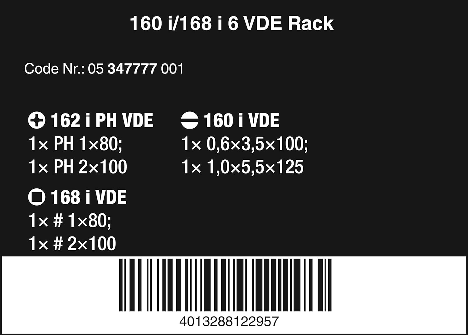 Wera 05347777001, 160 I/168 I/6 RACK SCREWDRIVER SET KRAFTFORM PLUS SERIES 100, AND RACK, 6 PIECES