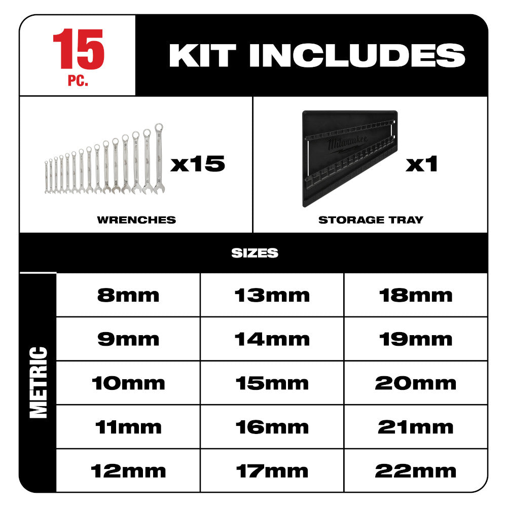 Milwaukee 48-22-9515, Metric Combination Wrench Set 15-Piece