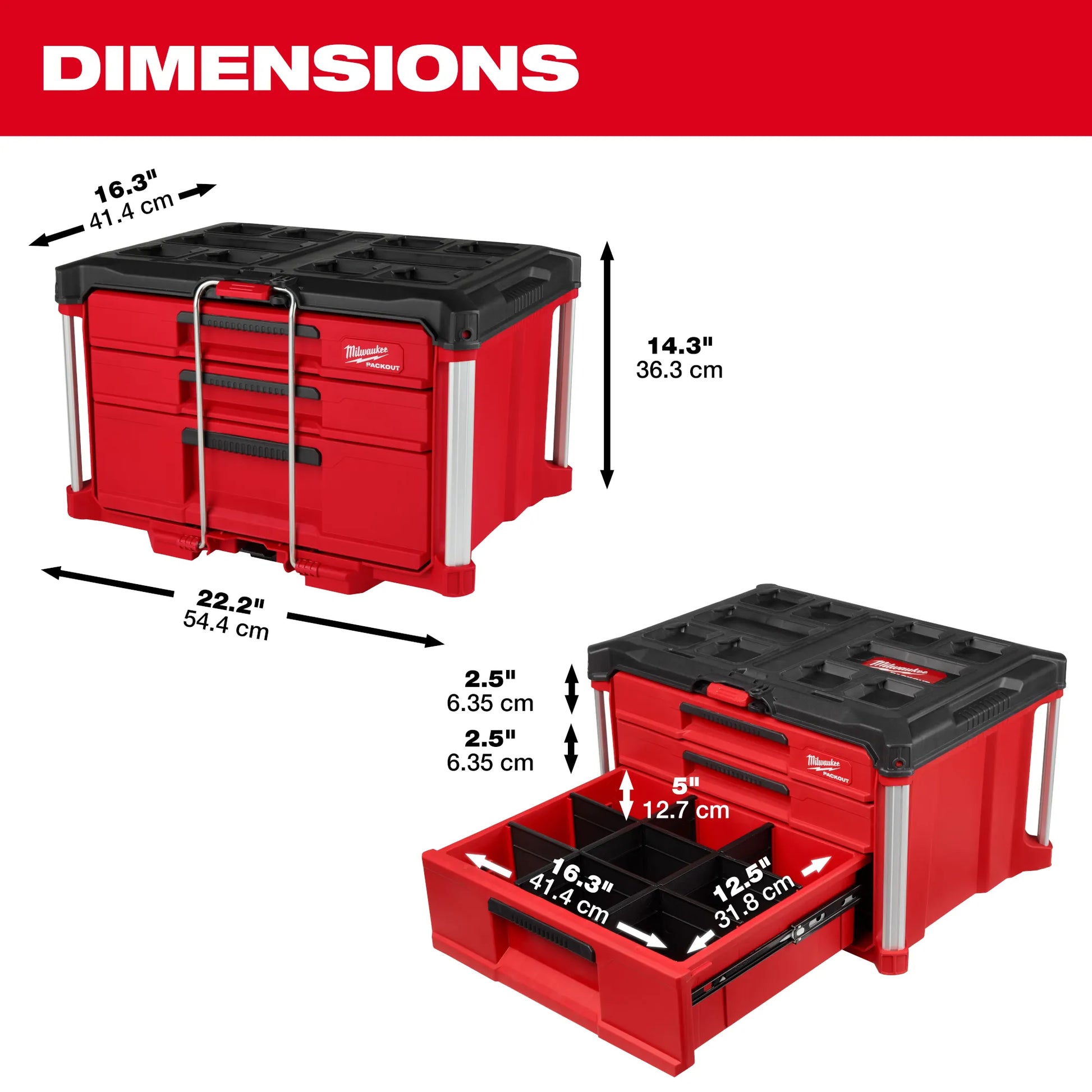 Milwaukee 48-22-8447, PACKOUT™ Multi-Depth 3-Drawer Tool Box