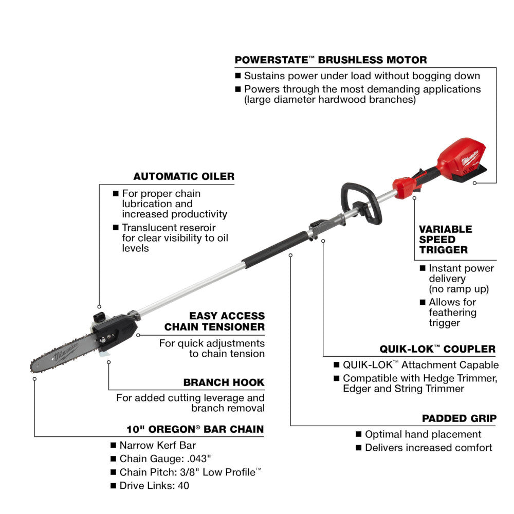 Milwaukee 2825-20PS, M18 FUEL 10" Pole Saw w/ QUIK-LOK Attachment Capability (Tool Only)