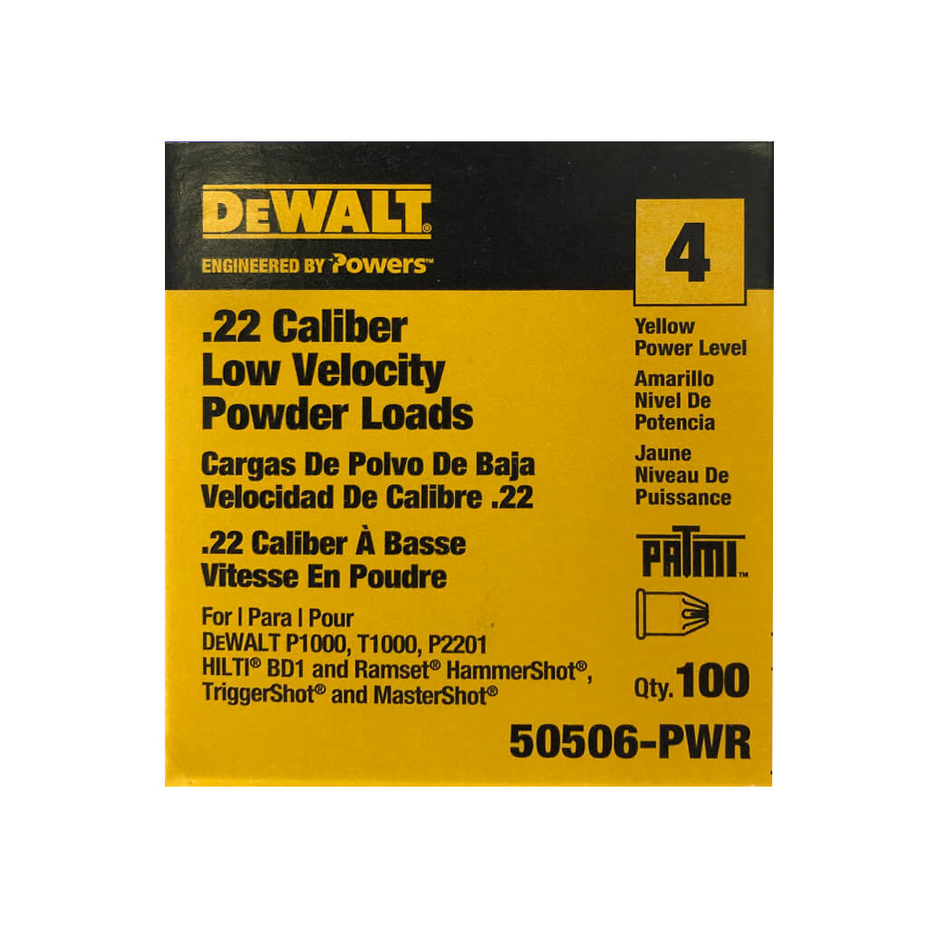 DEWALT 50506-PWR, Yellow 0.22-Caliber Short Single Low Velocity Power Load Shots (100-Pack)