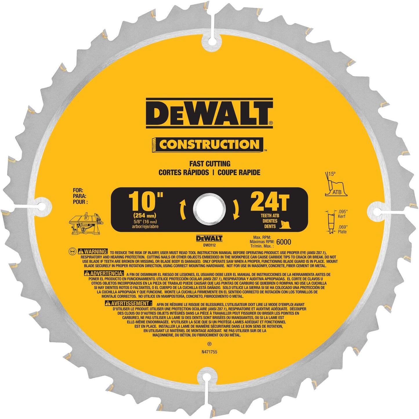 DEWALT DW3112, Series 20 10'' 24T Thin Kerf Construction Saw Blade