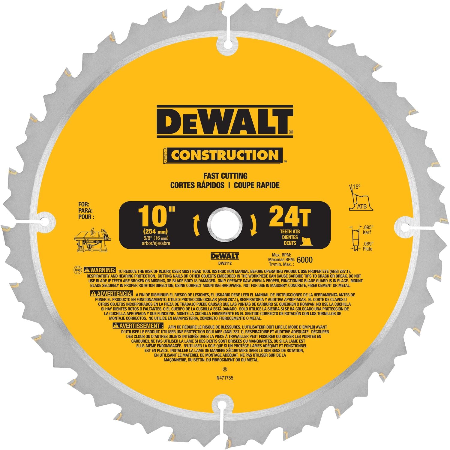 DEWALT DW3112, Series 20 10'' 24T Thin Kerf Construction Saw Blade