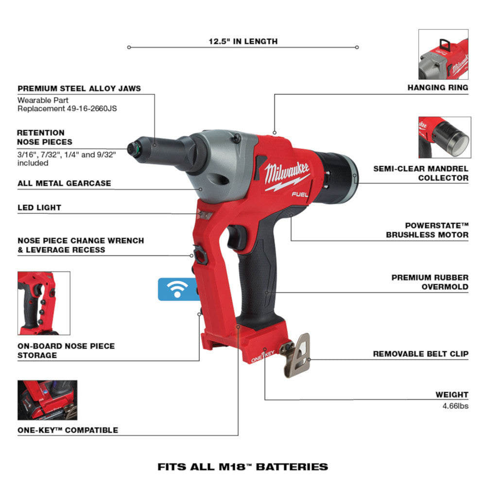 Milwaukee 2660-20, M18 FUEL Brushless 1/4" Blind Rivet Tool w/ ONE-KEY (Tool Only)