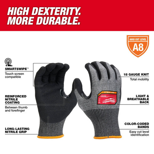 Milwaukee 48-73-7021B, 12 Pair Cut Level 8 High-Dexterity Nitrile Dipped Gloves - M