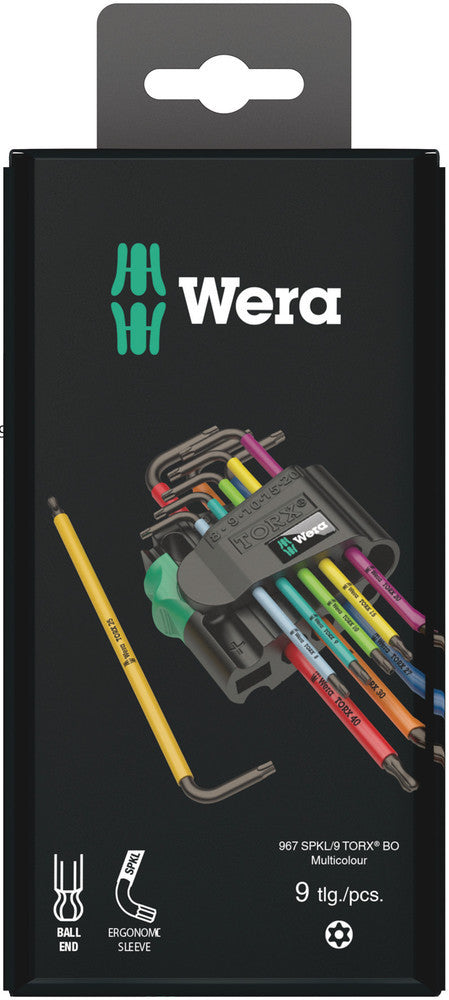 Wera 05073599001, 967/9 TX BO MULTICOLOUR 1 SB L-KEY SET FOR TAMPER-PROOF TORX® SCREWS, BLACKLASER, 9 PIECES