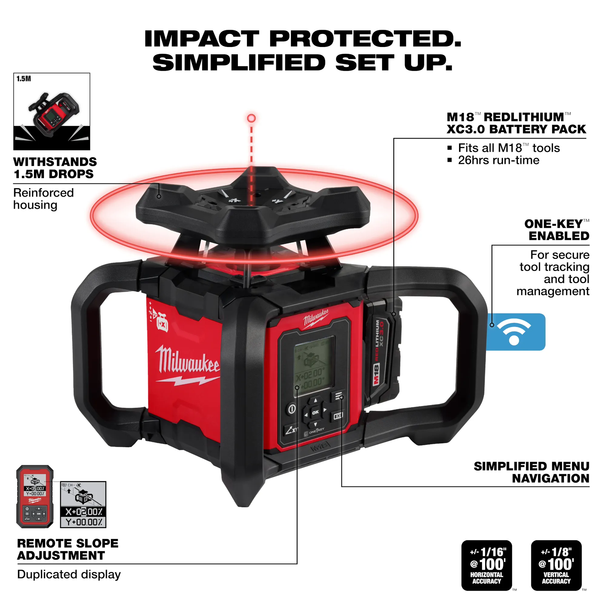 Milwaukee 3704-21T, M18™ Red Exterior Dual Slope Rotary Laser Level Kit w/ Receiver, Remote, Grade Rod & Tripod