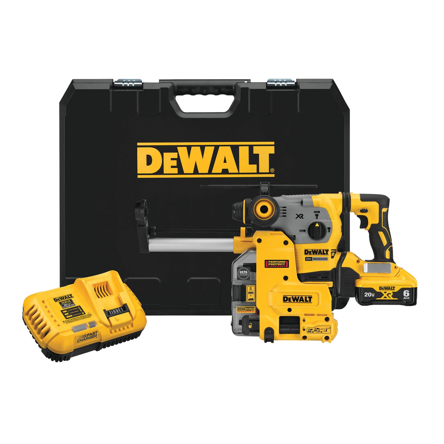 DEWALT DCH293R2DH, 20V MAX XR 1-1/8'' L-Shape SDS Plus Rotary Hammer Kit w/On Board Extractor