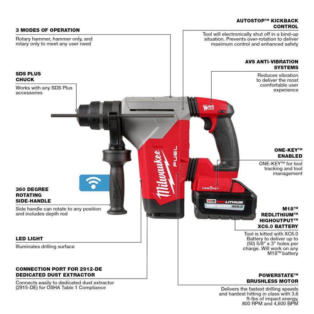 Milwaukee 2915-22DE, M18 FUEL 1-1/8" SDS Plus Rotary Hammer Dust Extractor Kit