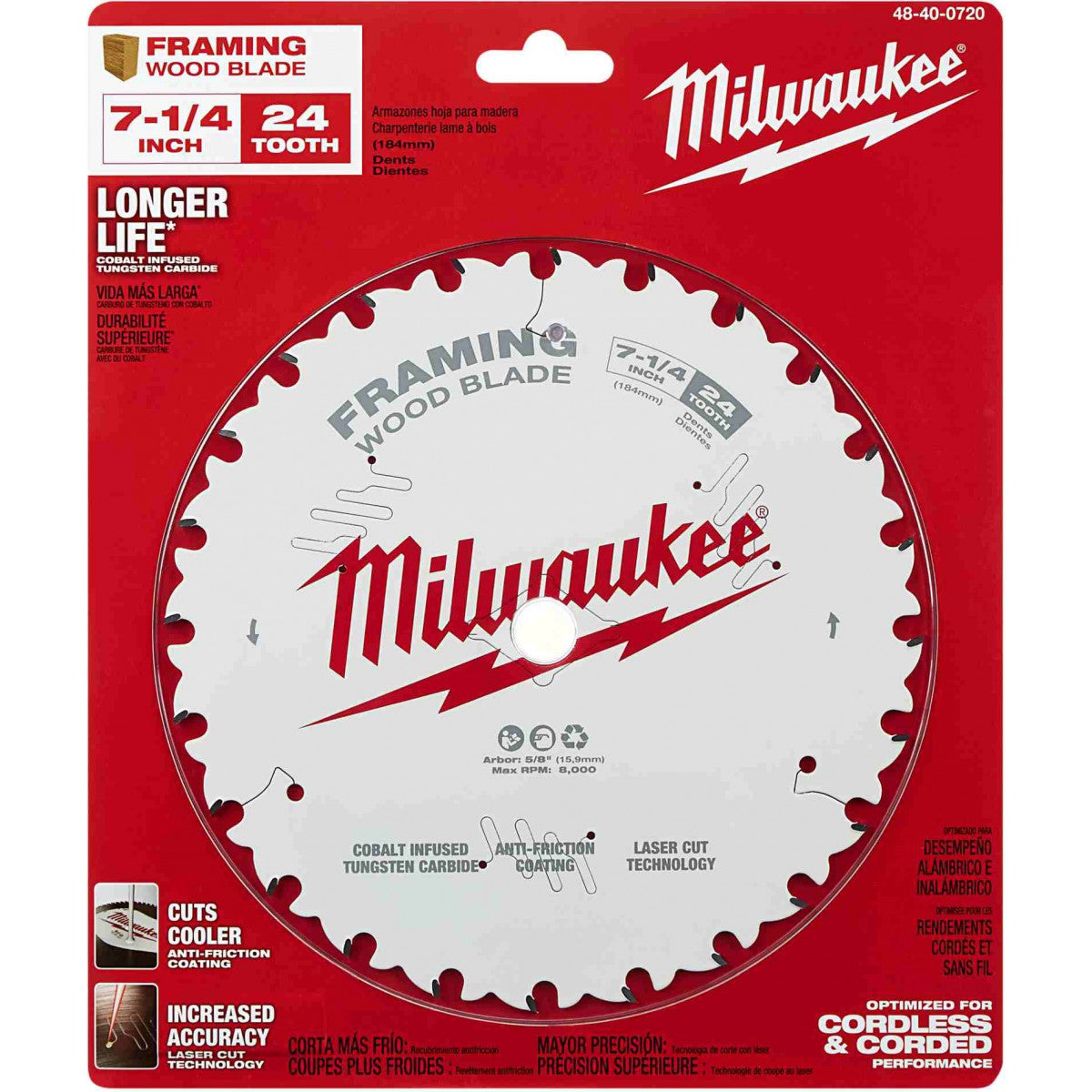 Milwaukee 48-40-0720, 7-1/4" 24T Framing Circular Saw Blade (Blister Pack))