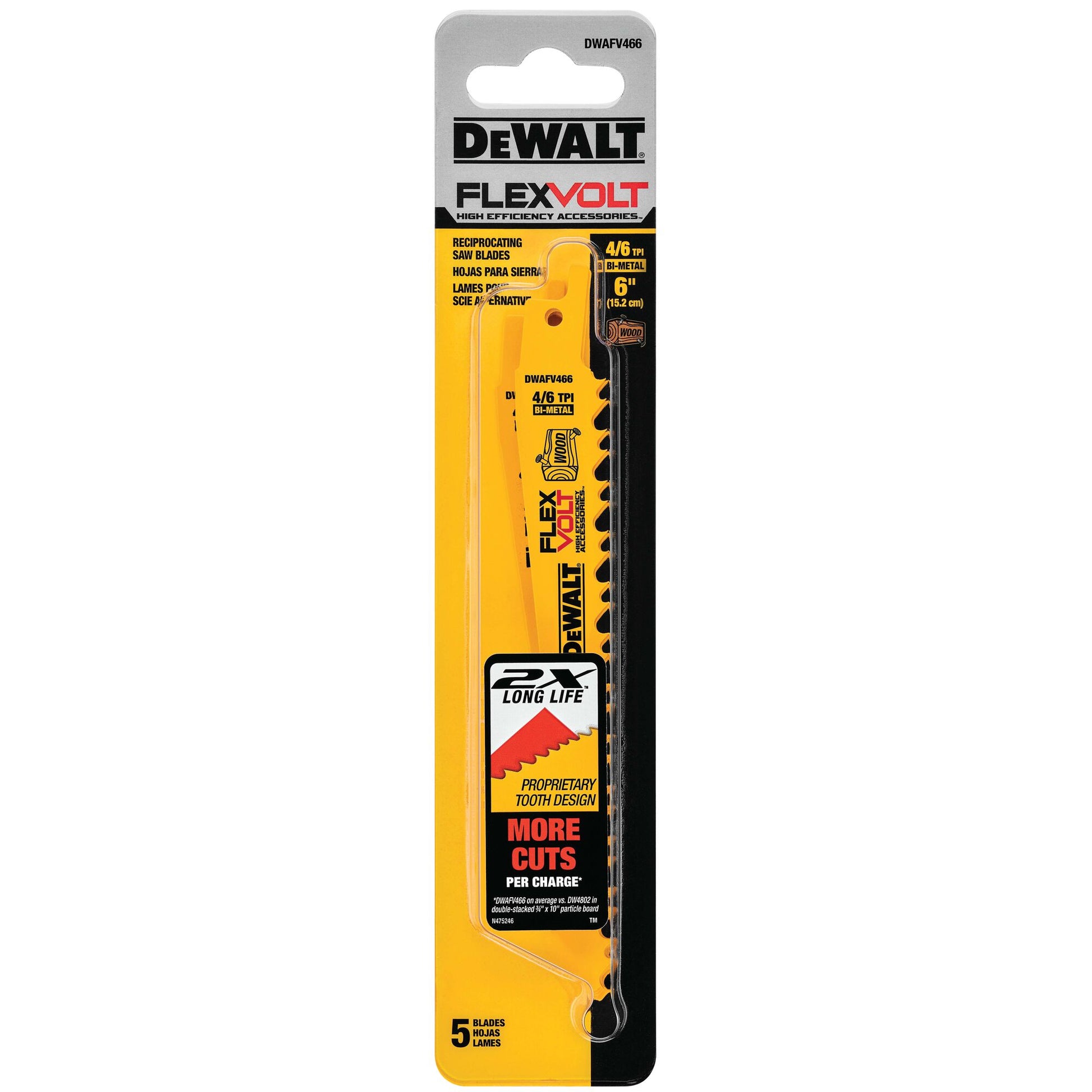 DEWALT DWAFV466, 6'' 4/6 TPI Reciprocating Saw Blades (5/pkg)