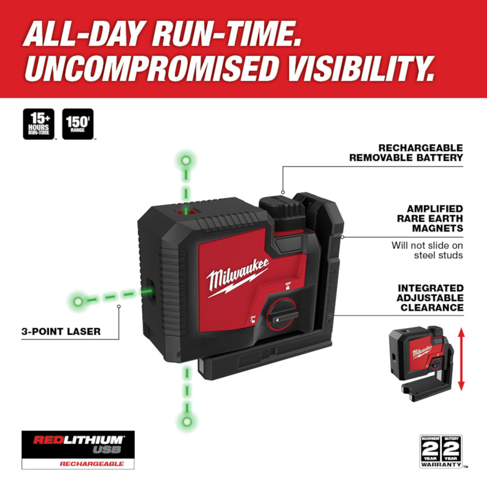 Milwaukee 3510-21, USB Rechargeable Green 3-Point Laser