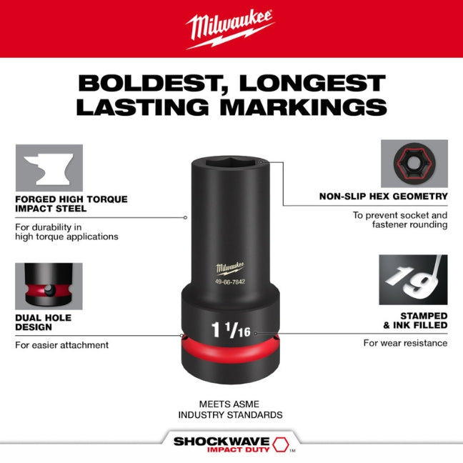 Milwaukee 49-66-7842, SHOCKWAVE Impact Duty™ 1" Drive 1-1/16" Thin Wall Extra Deep 6 Point Socket